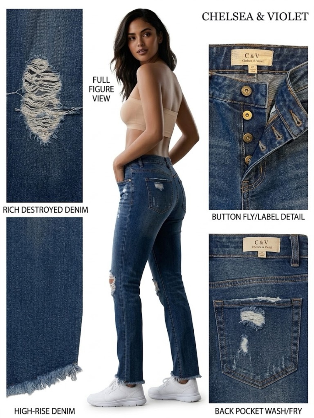 Chelsea & Violet High-Rise Distressed Dark Blue Jeans for Women